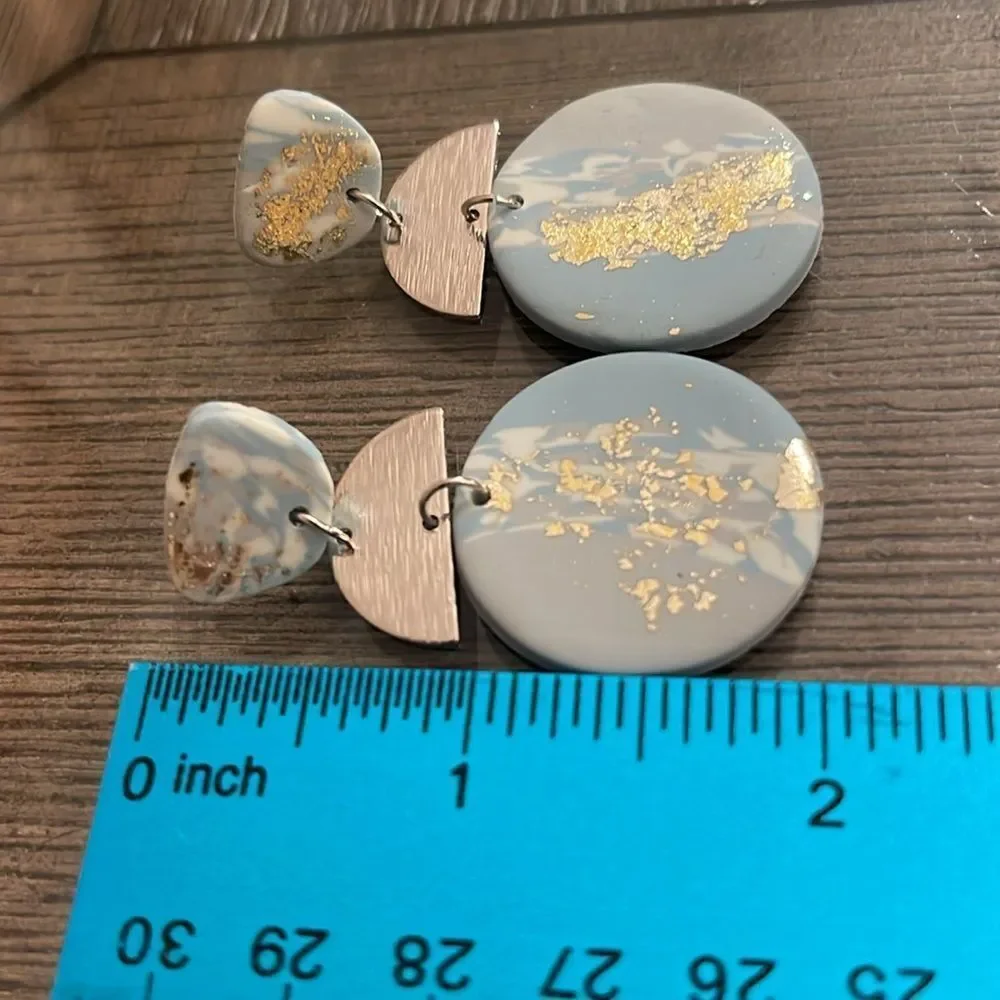 Soft Pottery Material Blue Marbled With Gold Foil Accent Geometric Drop Earrings